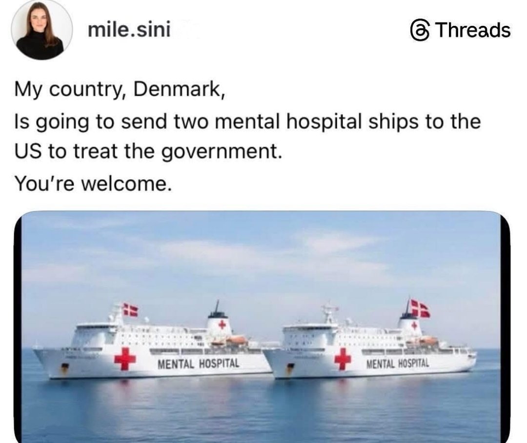 MY COUNTRY NORWAY WOULD LIKE TO HELP BECAUSE THERE IS NO WAY IN HELL THAT TWO MENTAL HEALTH HOSPITAL SHIPS IS ENOUGH TO DO SOMETHING ABOUT THE MENTAL HEALTH CRISIS IN AMERICA TODAY 🤷
