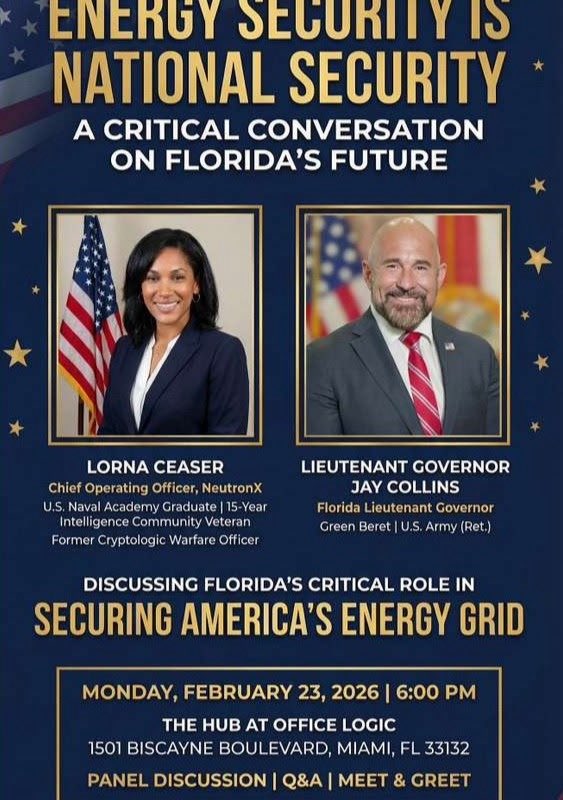 pravvy's tweet photo. @Crypt0Mondays @CES @WSFStudios305 @loukerner CryptoMondays Miami Energy Panel: Florida Lt  Governor @JayCollinsFL &amp; NeutronX from @standwithcrypto

Miami Venture Week

Lorna Ceaser, COO of NeutronX, 15-year intelligence community veteran, Lieutenant Governor Jay Collins, retired U.S. Army Green Beret
https://t.co/vcARqKDhBv https://t.co/jqv6Np8OF6