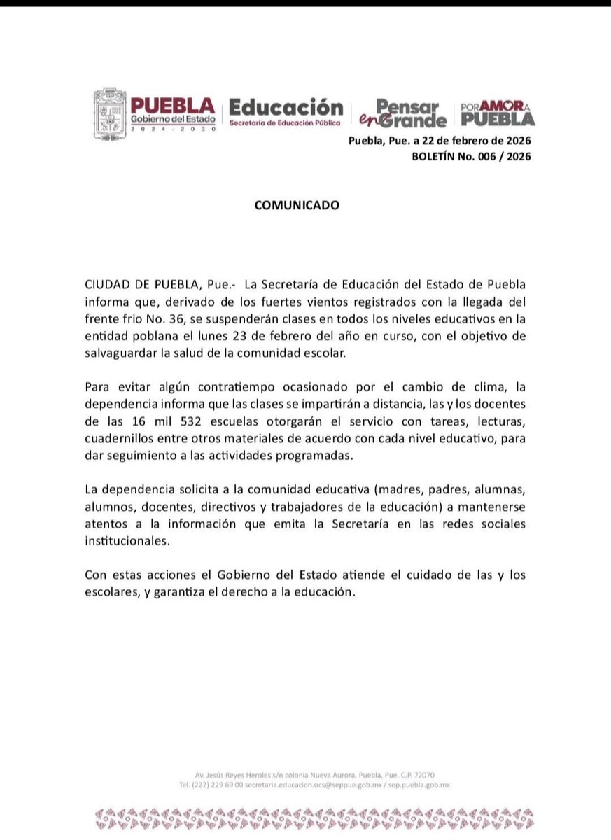 La SEP suspende clases presenciales en todo el estado debido a las bajas temperaturas que se esperan.