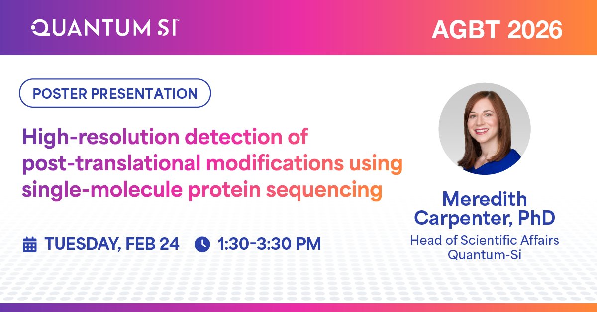 Quantum_Si's tweet image. Planning to attend @agbt? Now is the time to learn about the latest in next-gen protein sequencing technology from Quantum-Si. Head of Scientific Affairs, Meredith Carpenter, PhD, will be sharing how to achieve high resolution #PTM data. 

Find her at poster 407 on Tuesday to