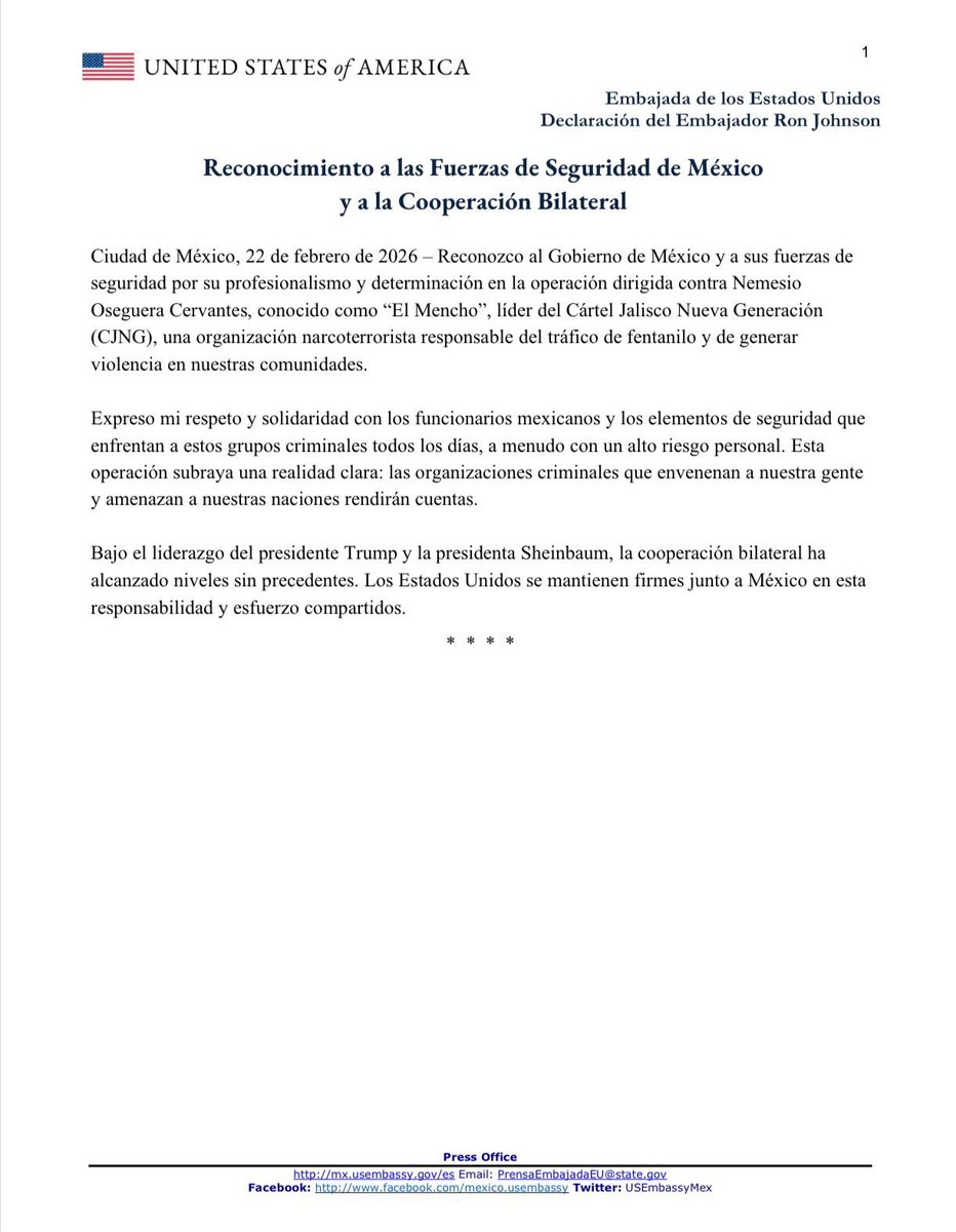 Reconocimiento a las Fuerzas de Seguridad de México y a la Cooperación Bilateral​ 🇺🇸🇲🇽