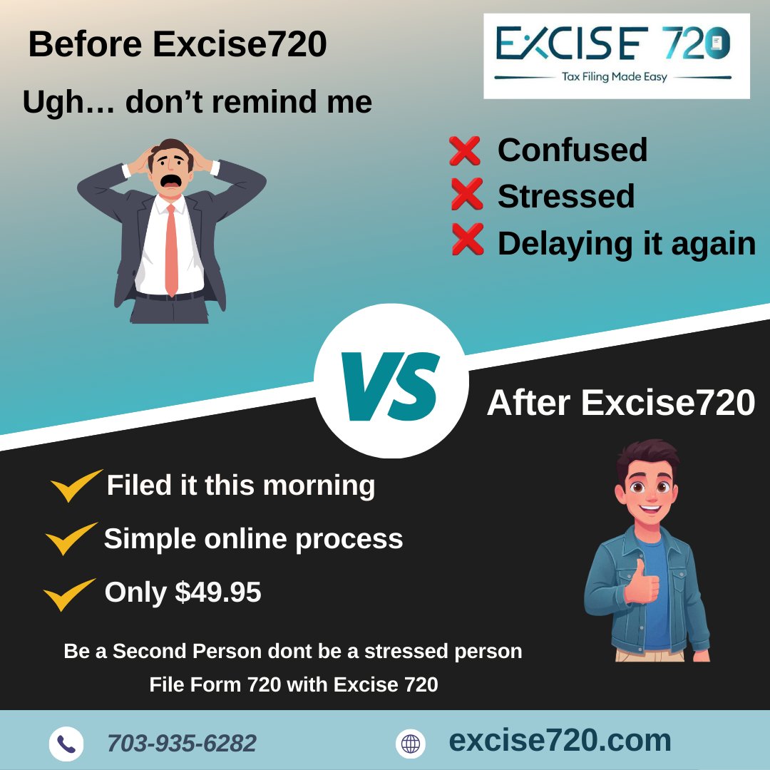 excise720's tweet image. One spends hours confused, stressed, 
and delaying other files IRS Form 720 in 10 minutes 
on Excise720, gets IRS confirmation, 
and gets back to running their business.
Same deadline. Completely different experience.
The difference? excise720.com

 #Form720 #ExciseTax