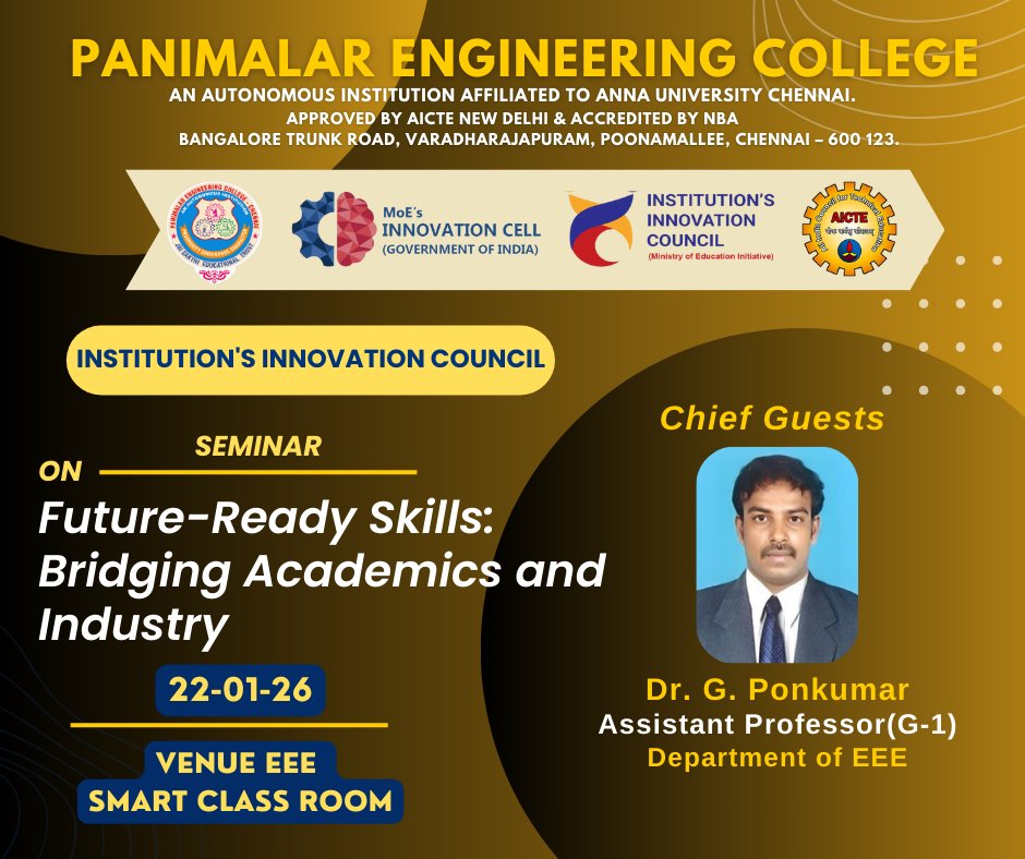 PanimalarC's tweet photo. Workshop on Future-Ready Skills: Bridging Academics and Industry on 22.1.26
@AICTE_INDIA 
@EduMinOfIndia https://t.co/LTXSgV5pyn