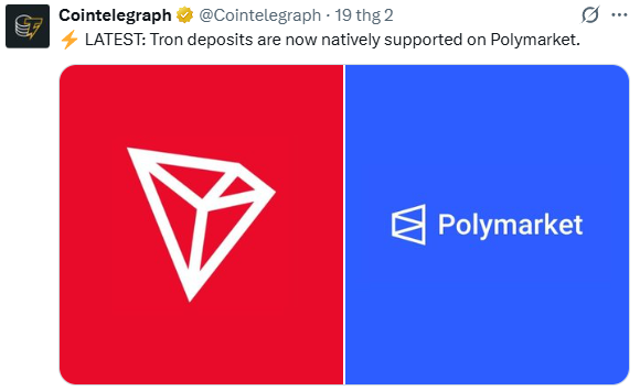 LATEST: Tron deposits are now natively supported on Polymarket.

Một bước tiến cực kỳ quan trọng cho hệ sinh thái TRON khi nền tảng prediction market hàng đầu Polymarket chính thức hỗ trợ nạp tiền trực tiếp bằng Tron.

Điều này có nghĩa là gì?

– Dòng tiền