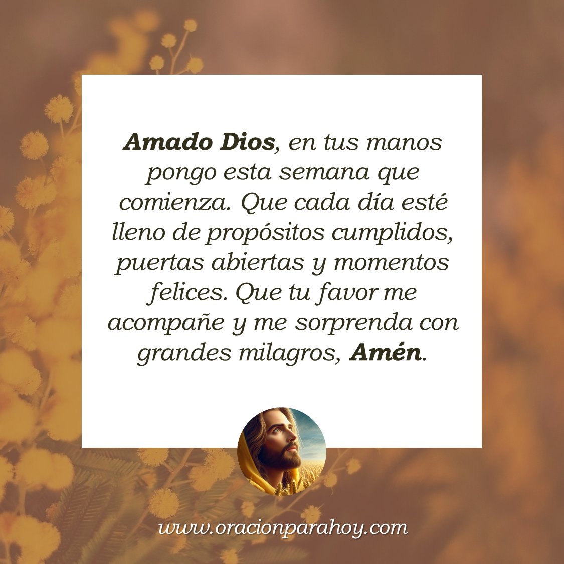 ORACIÓN PARA VIVIR UN SEMANA DE BIENESTAR Y MILAGROS: Señor, gracias por la oportunidad de comenzar una nueva semana. Te pido que llenes mis días de bienestar y milagros; Bendíceme y aleja de mí todo lo que no venga de Ti.

Haz esta oración en: youtu.be/A-QiqTFfRug ✨