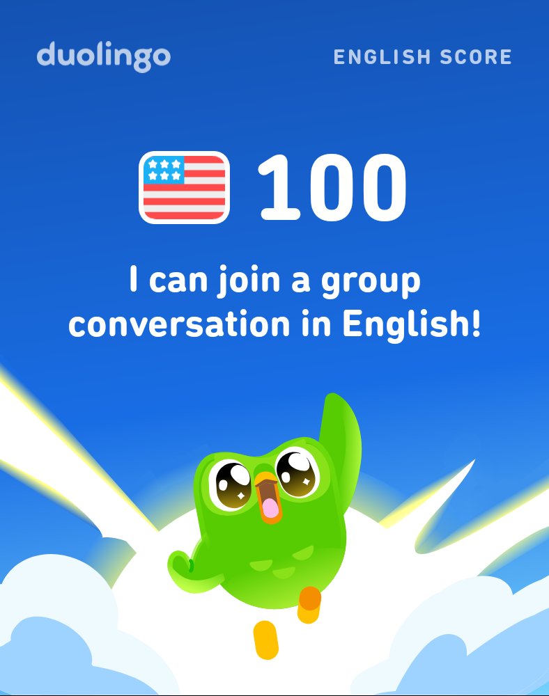 adildhanani's tweet photo. My Duolingo English Score is 100! https://t.co/p4W2rVCEYS
