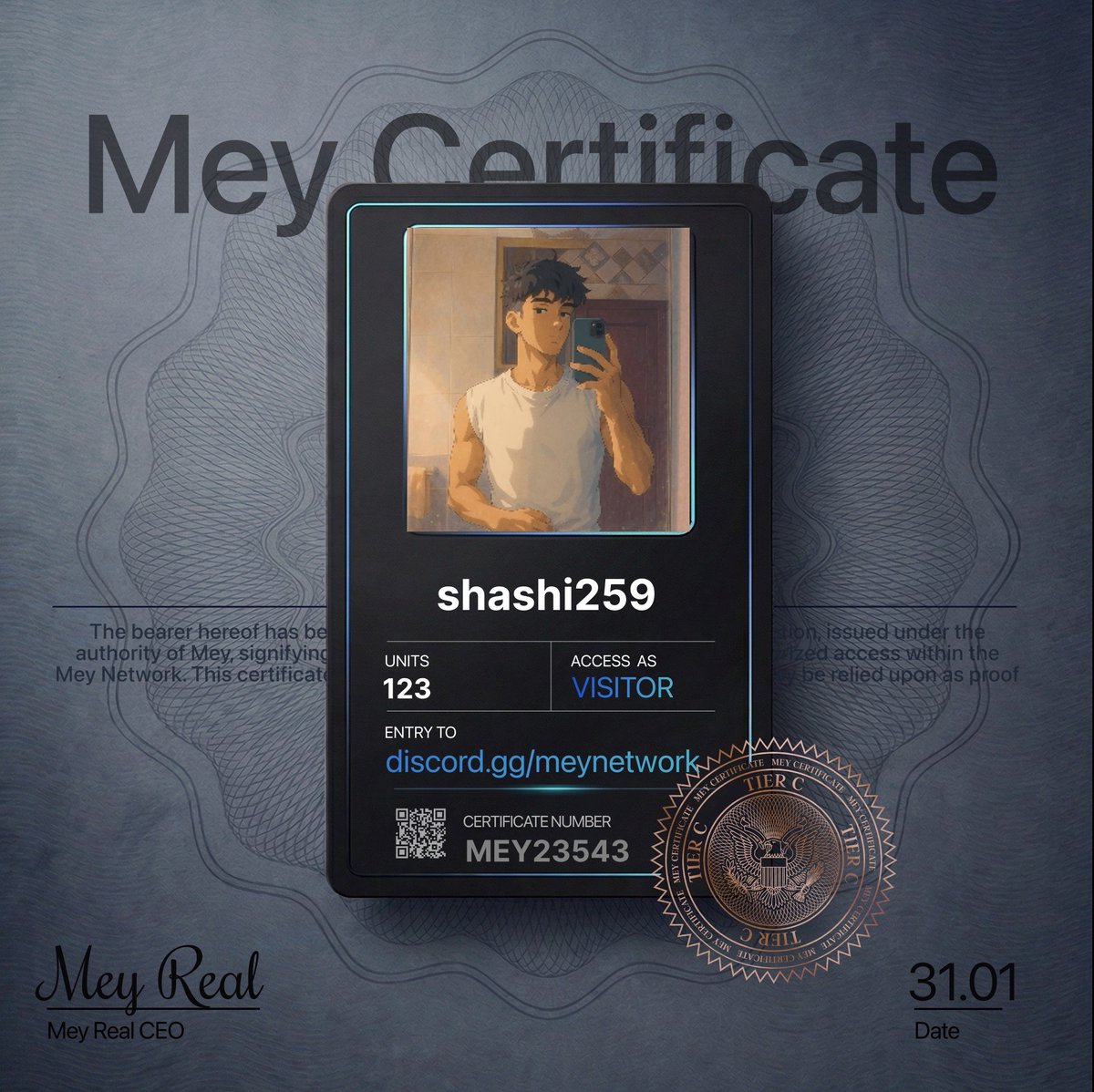 skrt98005's tweet photo. Entered MEY HQ with my **MEY Certificate** today.

Feels like one of those "early" moments.

What tier did you get?

@mey_network → https://t.co/g4k8fx1lae https://t.co/2n8wQJF7Je