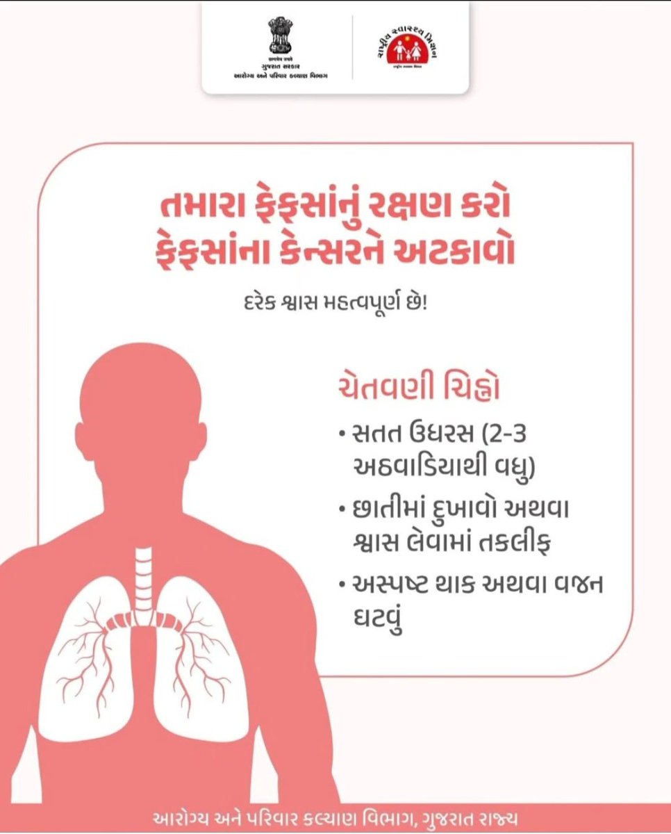 દરેક શ્વાસ મહત્વપૂર્ણ છે!
 તમારા ફેફસાનું રક્ષણ કરો
 ફેફસાના કેન્સર ચેતવણીના ચિન્હો...
<a href="/CollectorMeh/">Collector Mehsana</a> <a href="/DdoMehsana/">ddo mehsana</a> <a href="/HealthDeptGuj/">Health Department Gujarat</a>  <a href="/InfoGujarat/">Gujarat Information</a> <a href="/NHMGujarat/">NHM Gujarat</a> <a href="/prafulpbjp/">Praful Pansheriya</a> <a href="/CMOGuj/">CMO Gujarat</a> <a href="/CDHOMeh/">Chief District Health Office (CDHO) MEHSANA</a> <a href="/NtepGuj/">TB Mukt Bharat - Gujarat</a>