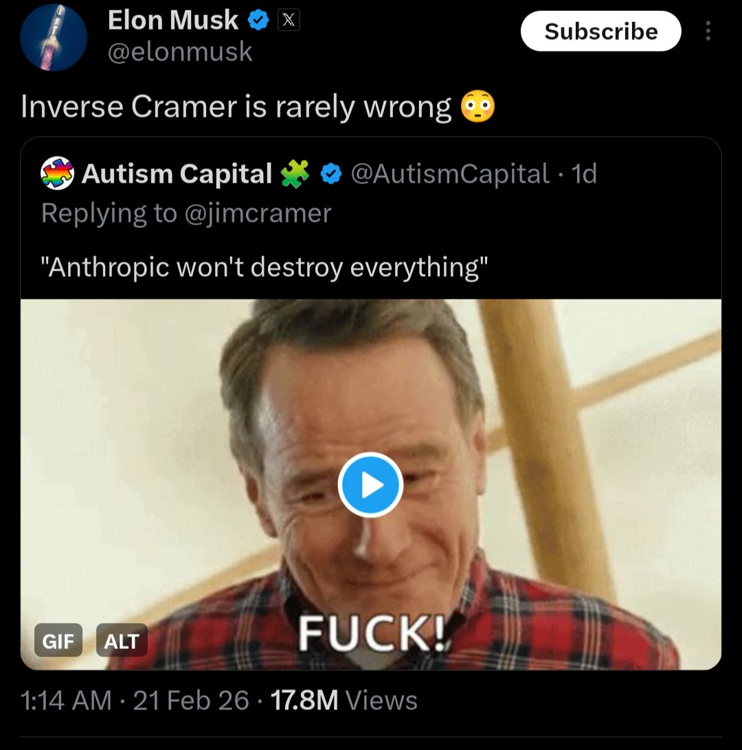 Nebraskangooner's tweet image. Elon Musk uses inverse cramer indicator 🤯