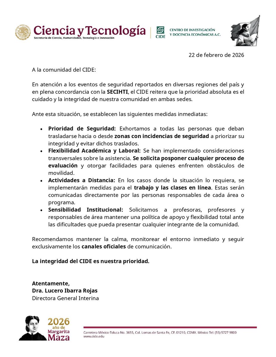 CIDE_MX's tweet photo. Ante los recientes eventos de seguridad, la prioridad del CIDE es la integridad de su comunidad en ambas sedes. Se brindarán facilidades académicas y laborales para quienes enfrenten obstáculos de movilidad.
Consulta los detalles en el comunicado oficial: 👇 https://t.co/zaaoHHYC94