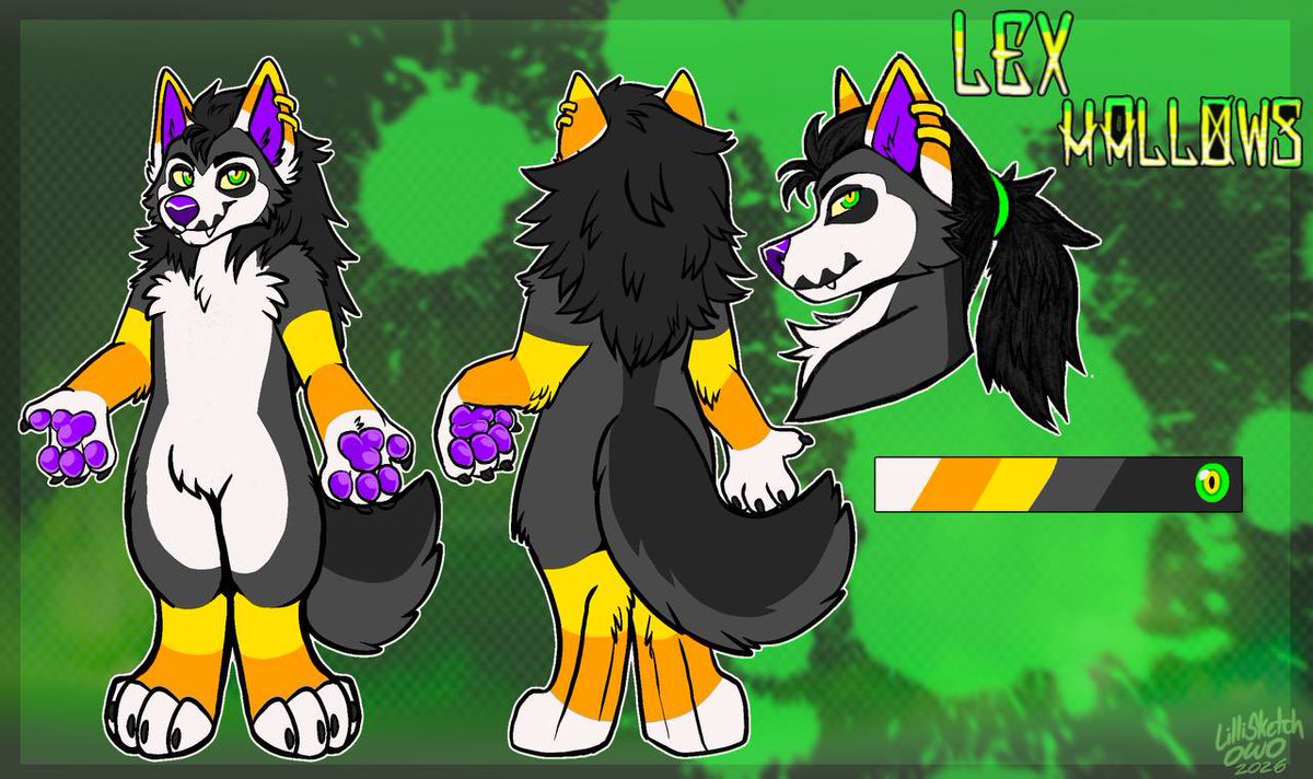 LexHallows's tweet photo. The new full reference sheet for my fursona! His redesign and artwork were conceptualized &amp;  created by the always lovely @LilliSketchOwO. I'm so happy and excited with his spooky new design. 🐶🎃 https://t.co/Uo7AA5S7B7