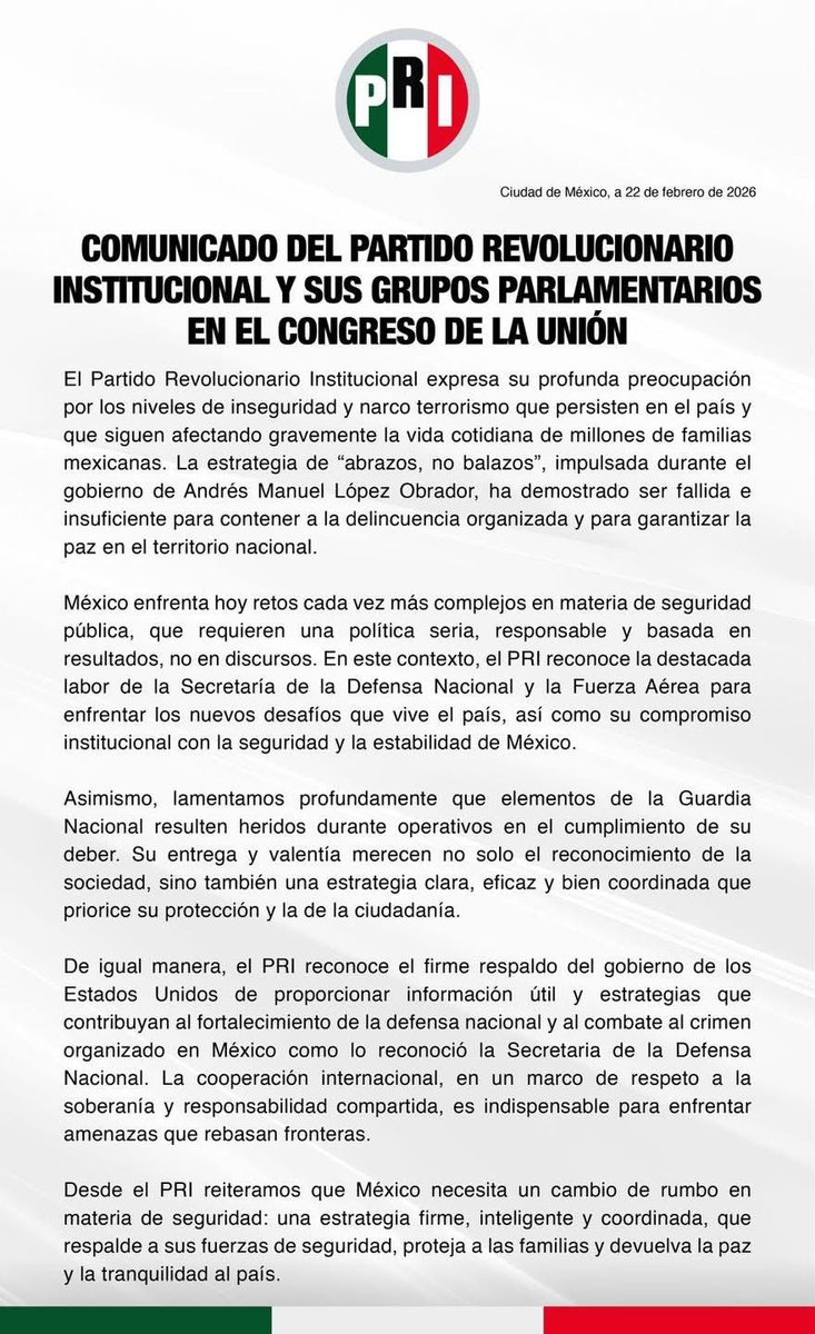 🚫Postura del <a href="/PRI_Nacional/">PRI</a> ante los sucesos de este domingo 

Crítica el partido la estrategia de “abrazos no balazos” del expresidente Andrés Manuel López Obrador