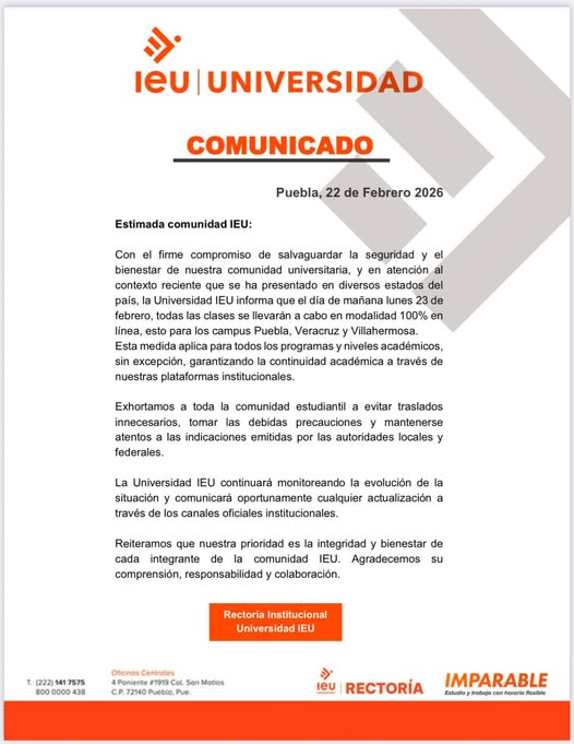 Punto4T's tweet photo. 🔴Universidad IEU suspende clases presenciales en Villahermosa, Veracruz y Puebla este lunes 23; serán en línea.
#IEU #ClasesEnLínea #Villahermosa #Puebla https://t.co/5fJtORIq3C