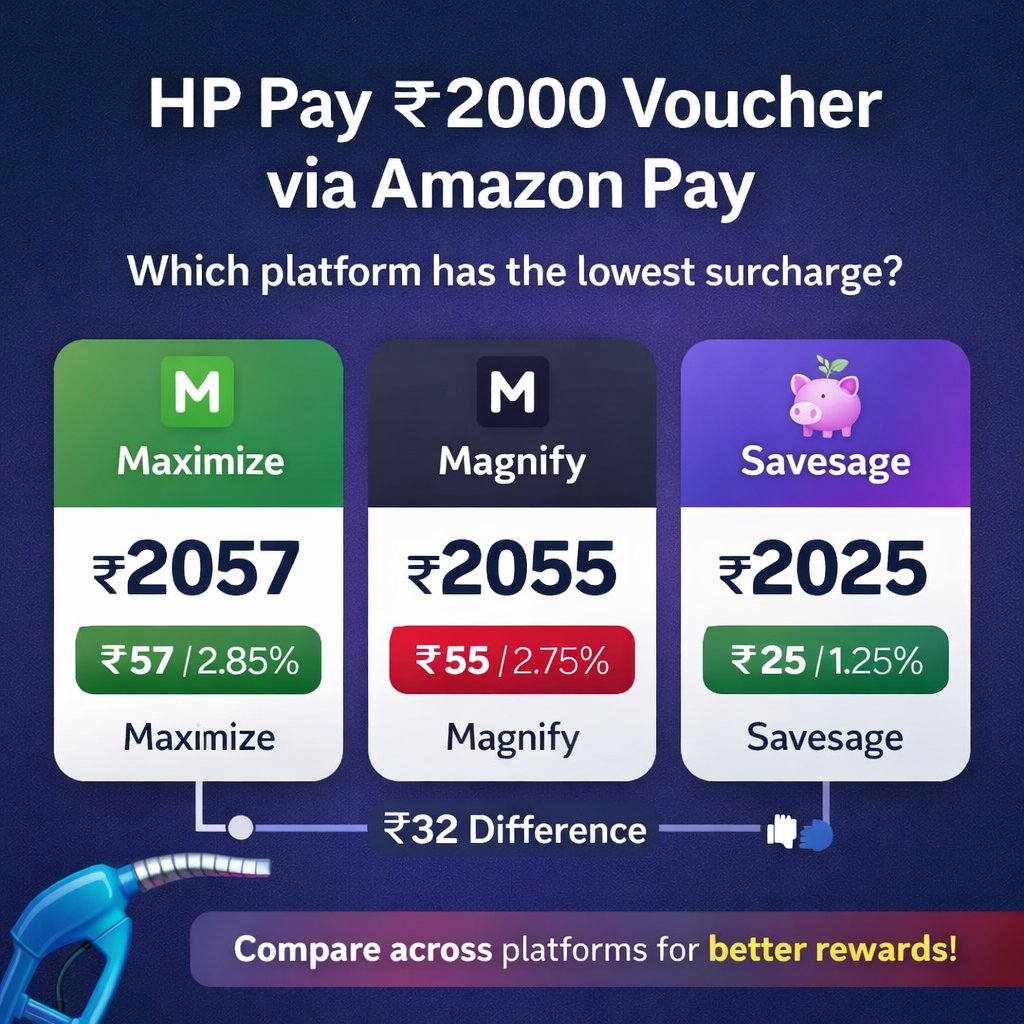 Did a quick comparison on HP Pay ₹2000 fuel vouchers using Amazon Pay across platforms — here’s what I found 👇

🔹 Maximize → ₹2057 (₹57 surcharge | ~2.85%)
🔹 Magnify → ₹2055 (₹55 surcharge | ~2.75%)
🔹 Savesage → ₹2025 (₹25 surcharge | ~1.25%)

📊 Difference between