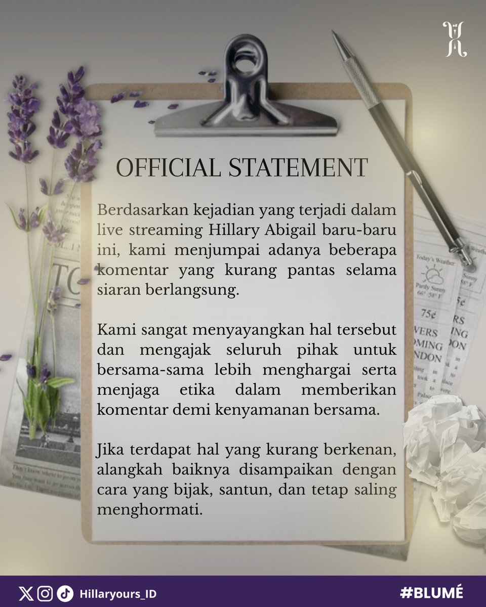 Hillaryours_ID's tweet image. [OFFICIAL STATEMENT]

Kami sebagai fanbase Hillary Abigail memberikan kesempatan kepada teman-teman semua apabila menemukan ujaran kurang pantas bisa langsung screenshoot dan melaporkan hal tersebut kepada Minary.

Begitupun ketika teman-teman melihat Tweet hate speech terhadap