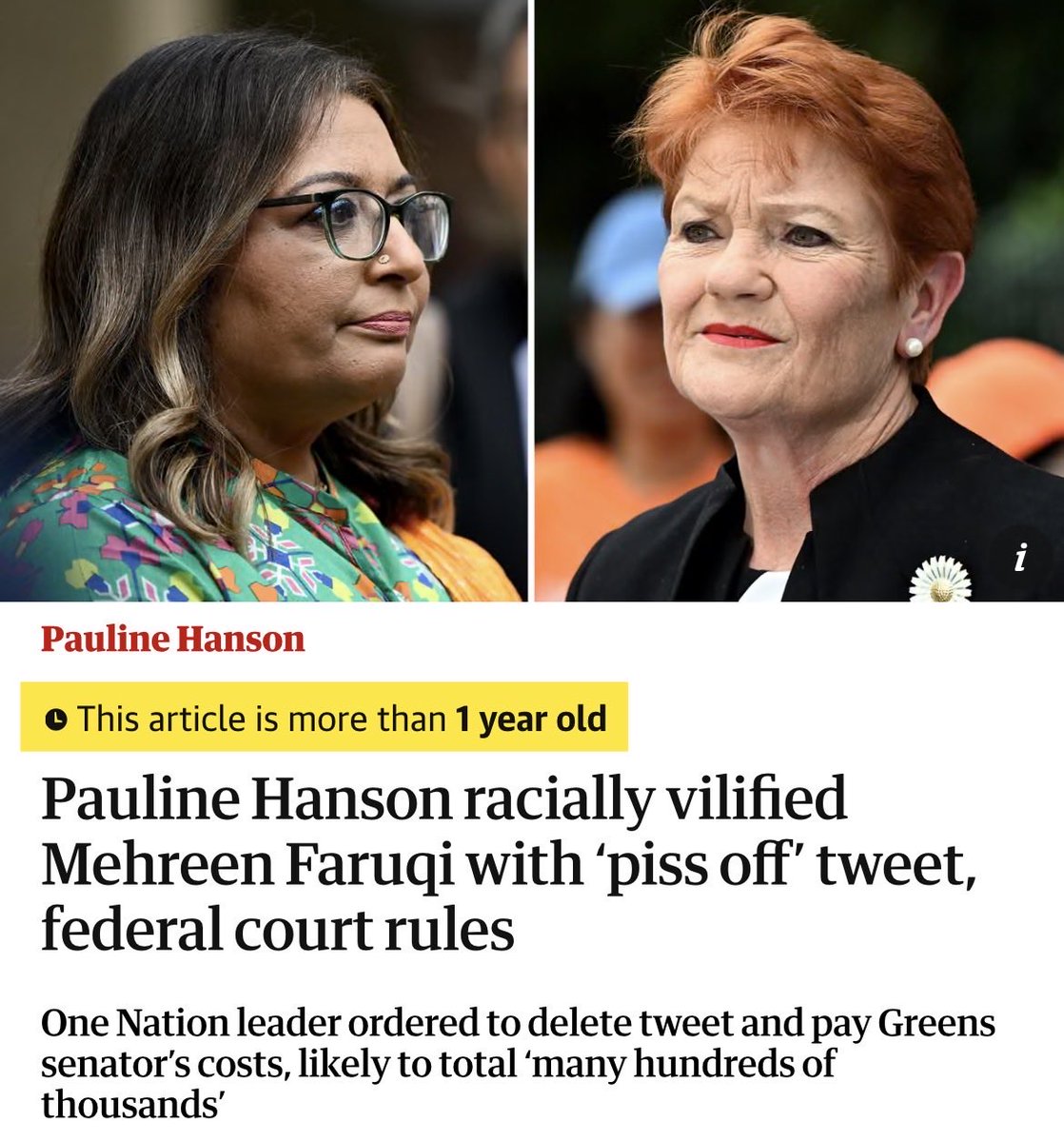 CaldronPool's tweet image. In 2024, the federal court ruled that @PaulineHansonOz’s tweet telling a Pakistan-born Senator to “pack your bags and piss off back to Pakistan” was racially discriminatory.

Today, an Afghan-born Senator told Hanson to “pack your bags” and leave Australia.

Two-tiered justice?