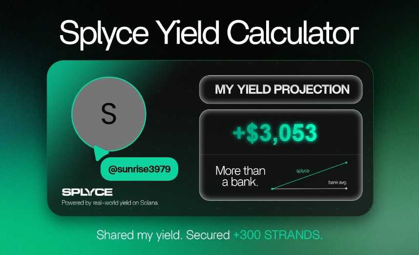 sunrise3979's tweet photo. Just tested the real-world yield calculator from @SplyceFi.

My numbers came out +2,928.23% higher than leaving it in a bank.

Check yours: https://t.co/C31dWTWfg0 https://t.co/WSxWKmGs10