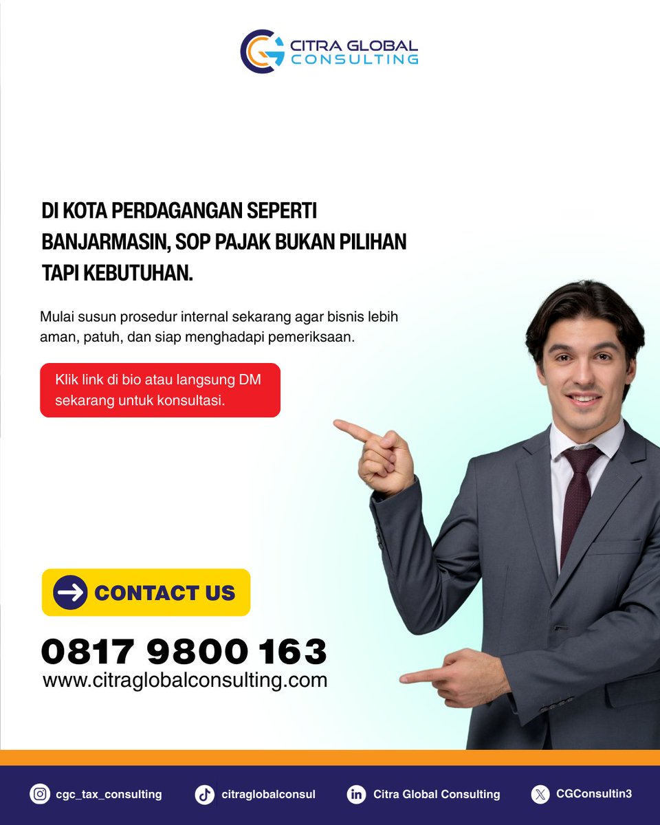 CGConsulting3's tweet photo. Bisnis Banjarmasin makin tumbuh, tapi risiko pajak ikut naik. Tanpa SOP yang jelas, kesalahan kecil bisa berujung koreksi dan denda.
Susun prosedur pajak sekarang agar usaha tetap aman dan siap diperiksa.
#SOPPajak #PajakBanjarmasin #KonsultanPajak https://t.co/3d4ItoiqO6
