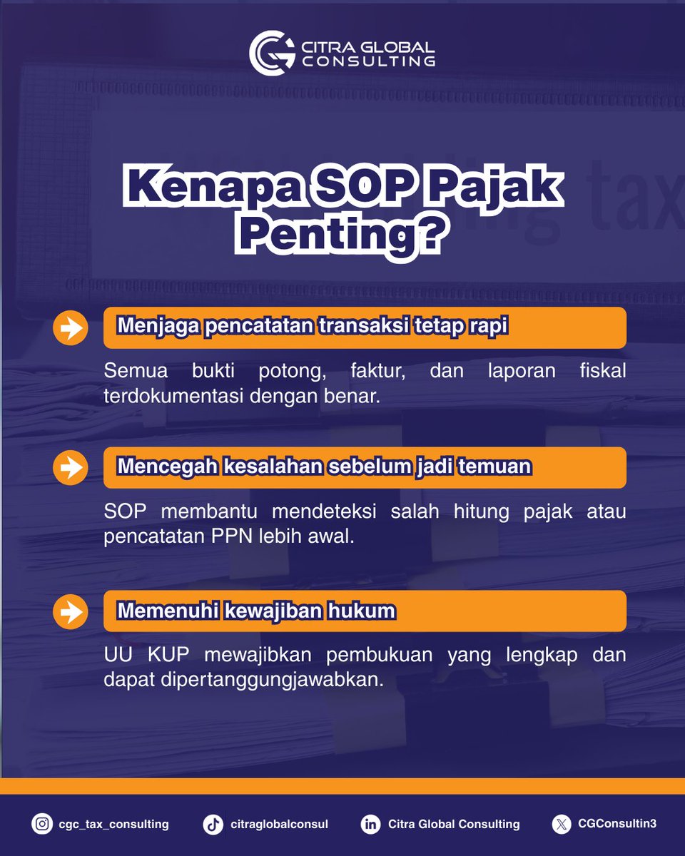 CGConsulting3's tweet photo. Bisnis Banjarmasin makin tumbuh, tapi risiko pajak ikut naik. Tanpa SOP yang jelas, kesalahan kecil bisa berujung koreksi dan denda.
Susun prosedur pajak sekarang agar usaha tetap aman dan siap diperiksa.
#SOPPajak #PajakBanjarmasin #KonsultanPajak https://t.co/3d4ItoiqO6