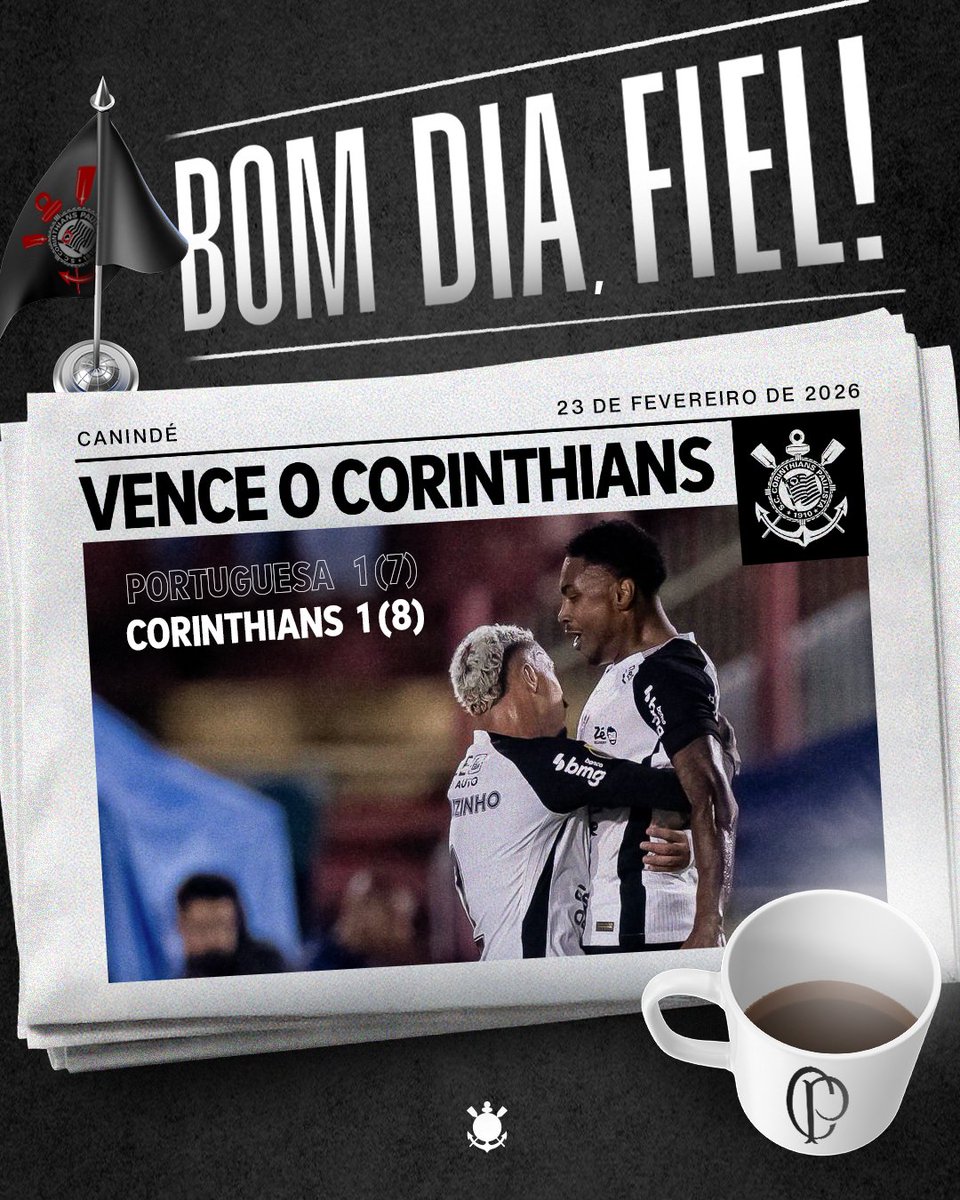 Corinthians's tweet photo. Nos pênaltis, Timão vence a Portuguesa e avança para a semifinal do Paulistão 2026! 🏴🏳️

No Canindé, Corinthians supera a equipe mandante e garante a classificação! ⚽

#BomDiaFiel
#VaiCorinthians https://t.co/wYX339I0U8