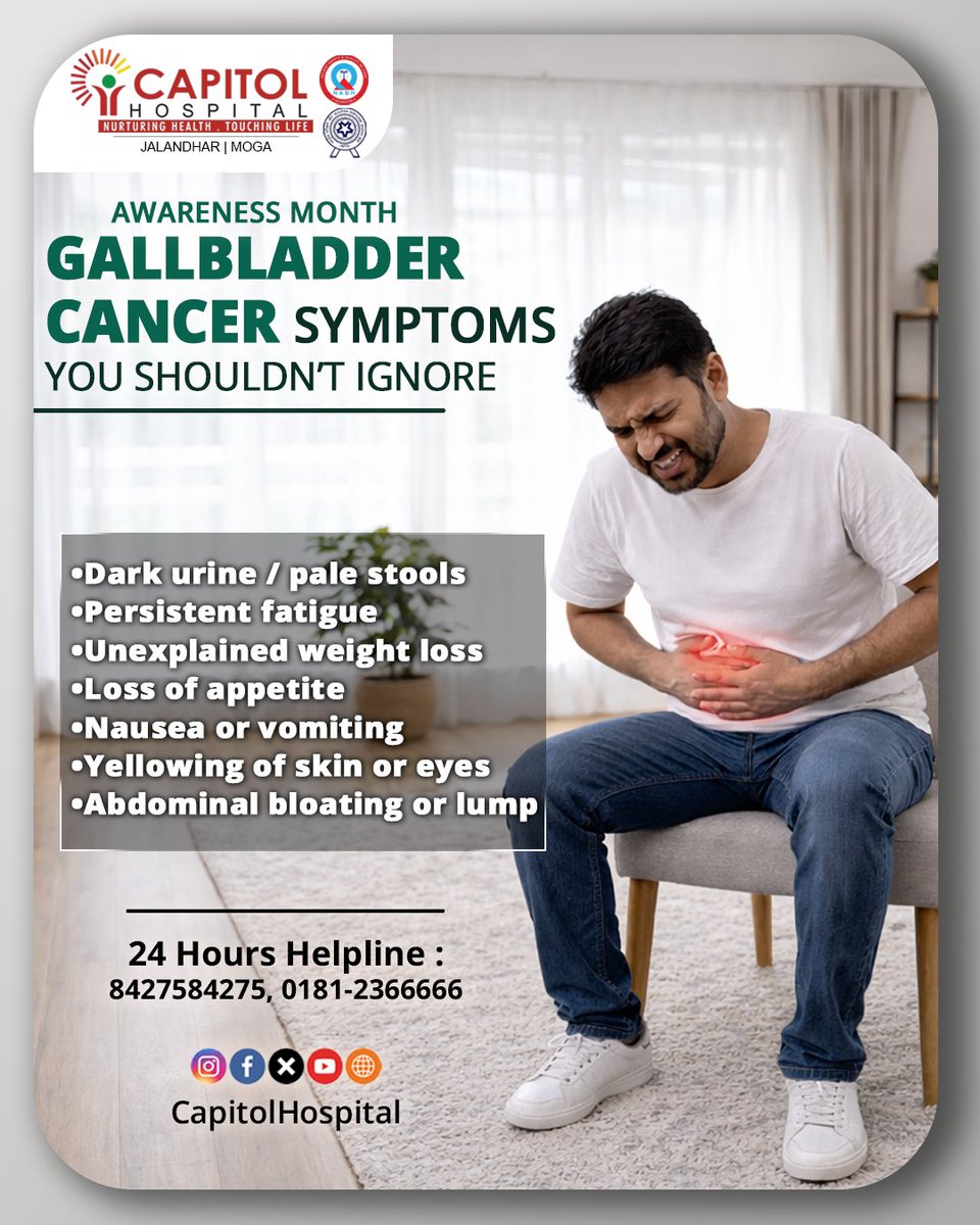 Capitol_Hosp's tweet photo. Know the signs of gallbladder cancer you shouldn’t ignore 👇

Dark urine, fatigue, weight loss, jaundice, nausea, bloating.

Early diagnosis matters.

📞 8427584275 | 0181-2366666

#CancerAwareness #GallbladderCancer #CapitolHospital #Jalandhar #AscendWithAscendly https://t.co/STjSshoSdW