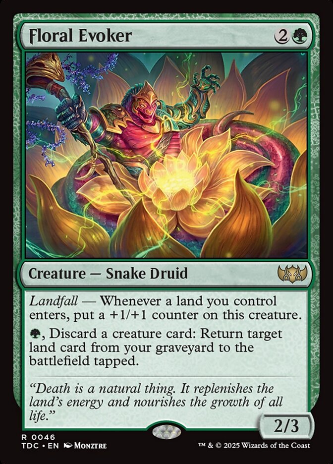 【Daily Highlight ✨】
Spotlight on 《Floral Evoker》
Since the ability doesn’t require tapping, it can be activated multiple times in a turn, making it especially appealing in landfall synergies.
Discarding creatures is also a big upside for reanimator strategies, giving it
