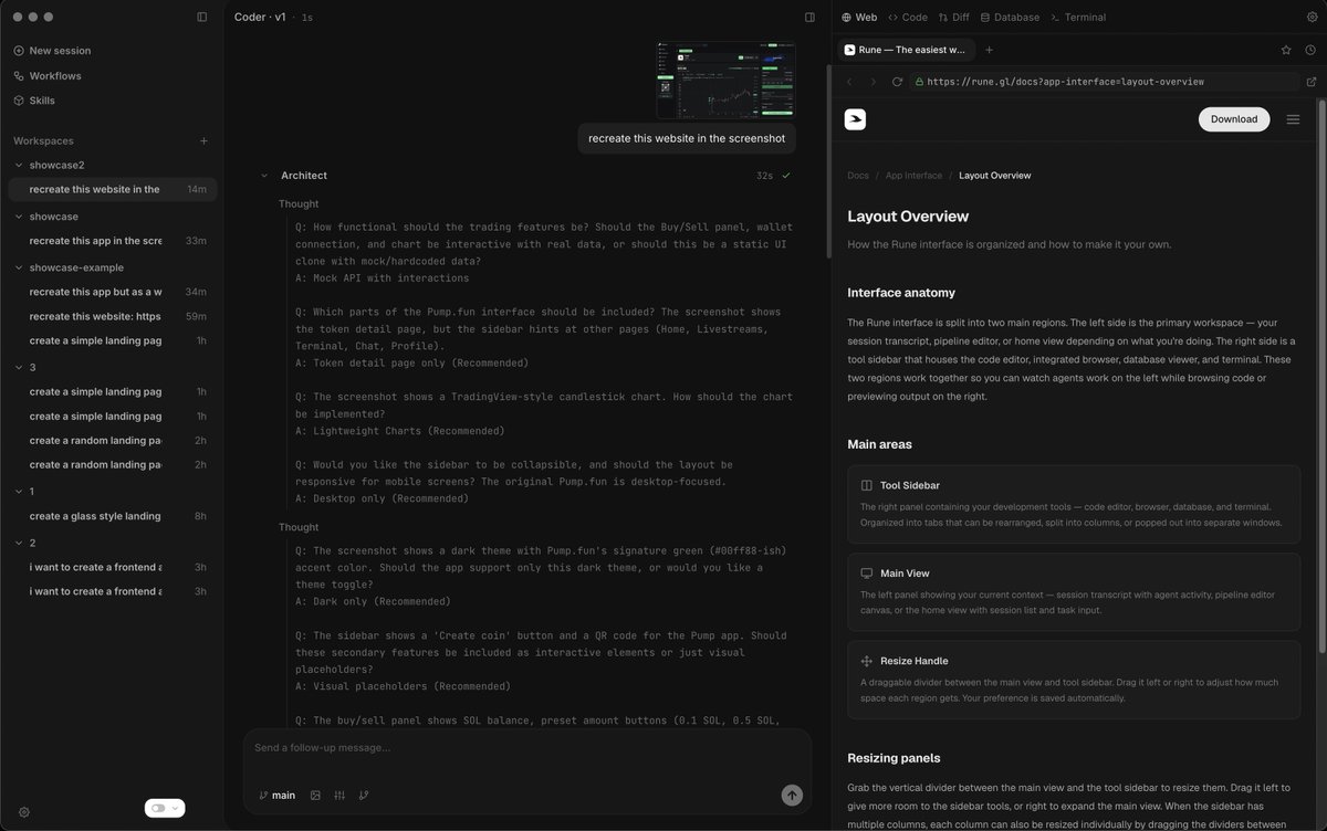 Rune v0.1.0 pre release notes:

> Multi agent workflow presets
> Git worktrees with automatic management
> Local only mode
> Agent autonomy levels (supervised, auto)
> Iterative code review/improve with adjustable iteration caps
> Crash recovery and session resume
> Integrated