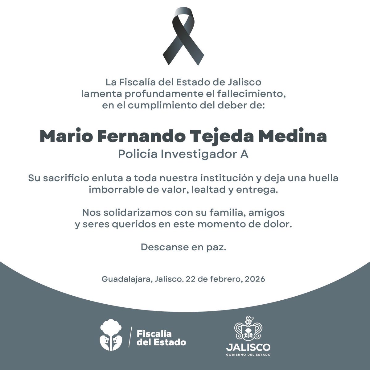 El gobierno de Jalisco confirma la muerte del comandante Mario Tejeda, policía investigador A, tras el operativo contra "El Mencho". 

Descanse en paz.

Más en lopezdoriga.com