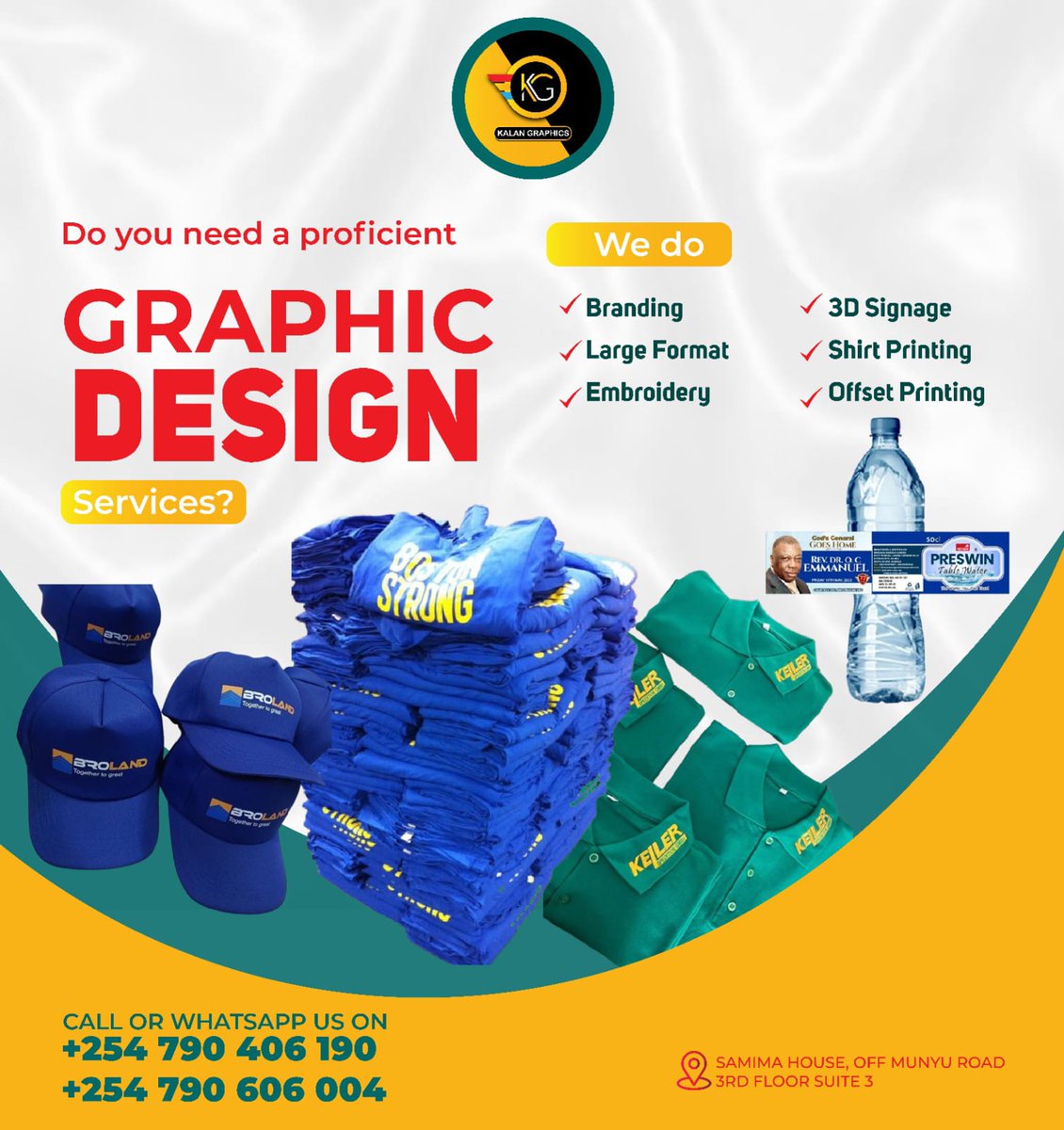 Visit us at <a href="/kalan_group/">Kalan Group</a> where we offer printing and branding of :
🔸Banners 
🔸Stickers 
🔸Hoodies/T-shirts 
🔸Caps 
🔸Diaries 
🔸Water bottles 
We are located at Samima Hse 3rd floor along Munyu rd and Sheikh karume Nrb📌
🔰Call/App 0790406190