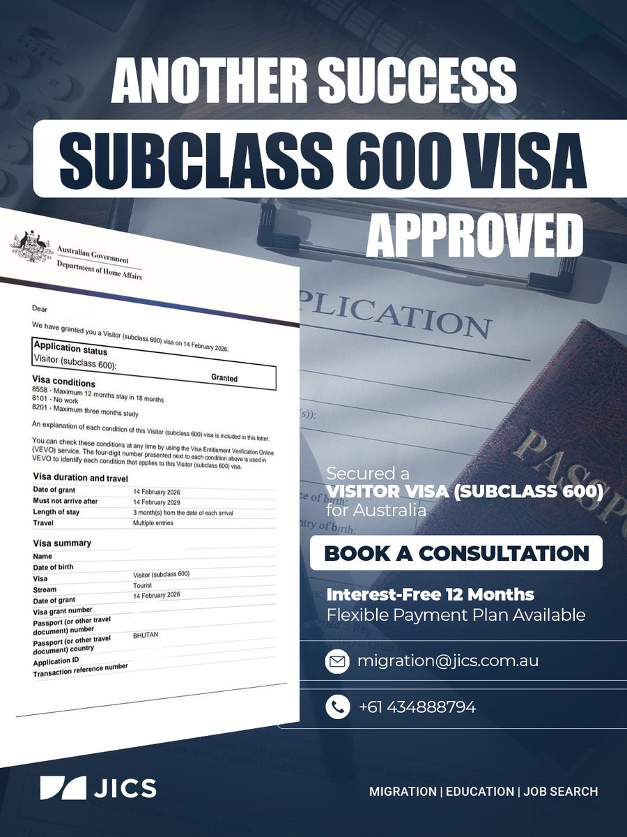 jicsaustralia's tweet image. Subclass 600 Visa Approved ✅

Your Australia visit starts with the right advice.
Book a consultation today.

📩 migration@jics.com.au
📞 +61 434 888 794

💳 12 Months Interest-Free Payment Plan Available
MARN: 2218006
#VisaApproved #Subclass600 #AustraliaVisa #JICSAustralia