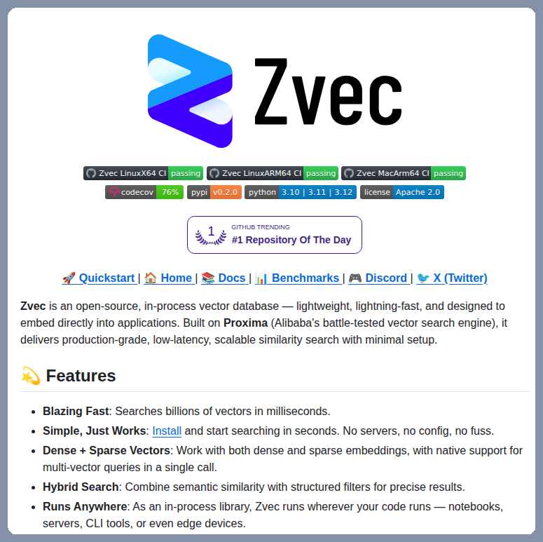 tom_doerr's tweet image. Vector database for embeddings in applications

github.com/alibaba/zvec