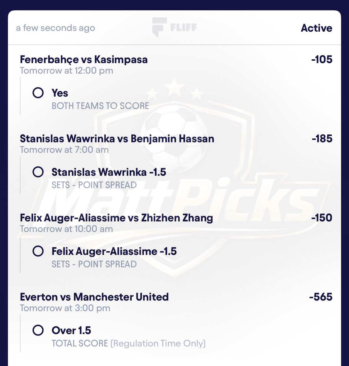 MattPicks_'s tweet image. Monday +1528 Parlay ⚽️🎾

Once this hits, I’ll giveaway $50 to 2 followers who like this post 💰

#BettingTips #BettingSports #Parlay