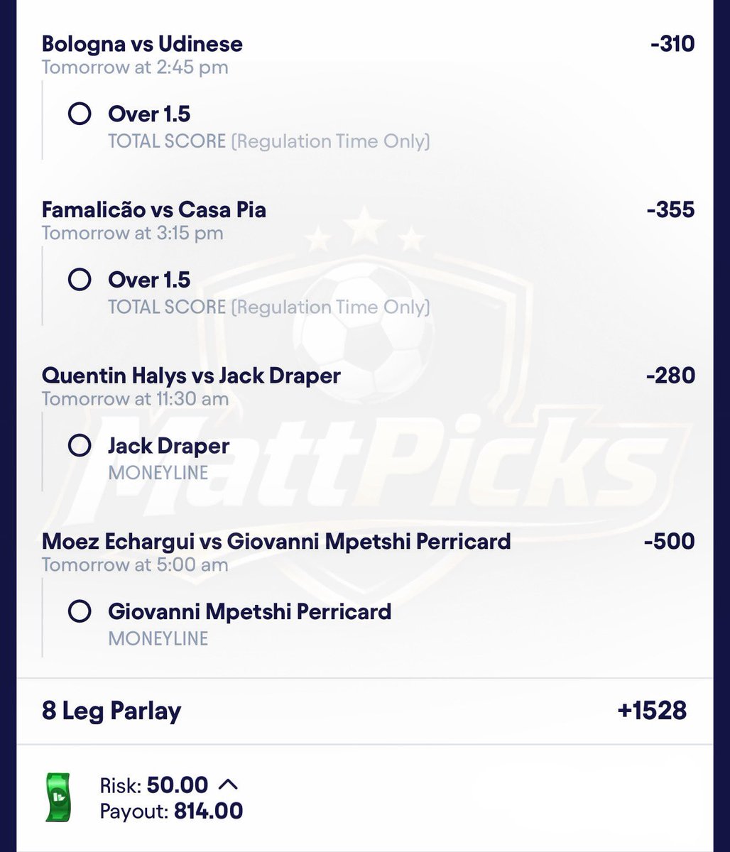 MattPicks_'s tweet image. Monday +1528 Parlay ⚽️🎾

Once this hits, I’ll giveaway $50 to 2 followers who like this post 💰

#BettingTips #BettingSports #Parlay