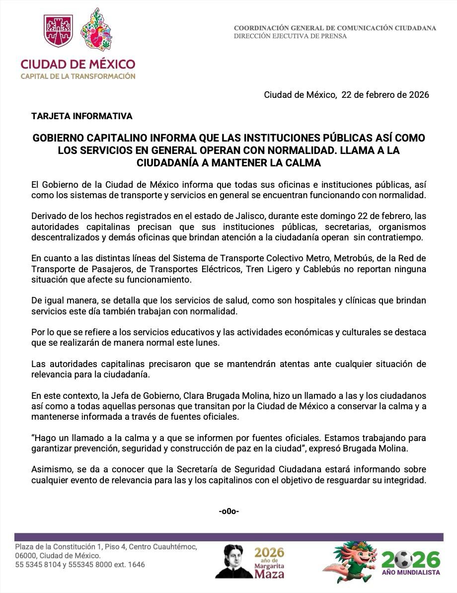 MetroCDMX's tweet photo. El Gobierno de la Ciudad de México informa que todas sus oficinas e instituciones públicas, así como los sistemas de transporte y los servicios en general, se encuentran funcionando con normalidad. Asimismo, hace un llamado a la ciudadanía a mantener la calma y atender únicamente información de fuentes oficiales.
