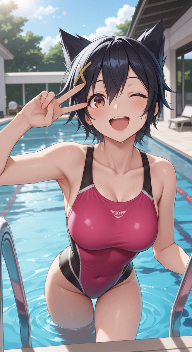 りぼ〜んさん、改めてフォロワー4万人突破、おめでとうございます！  
今日も参加させていただきますね〜

#今日のキャラ は引き続き猫耳＋競泳水着です。  
これって本当に猫耳なのかな？  
プレイヤーから「天然猫耳ヘア」と呼ばれているので、  
猫耳ってことでいいですよね🤣