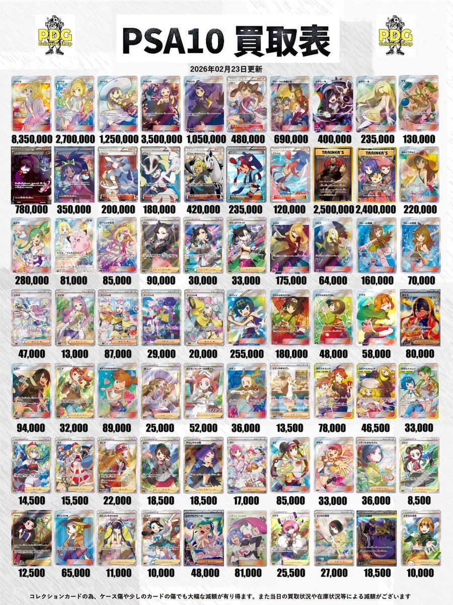 本日のPSA買取表コチラです💁‍♂️ 今日も暖かいのでお出かけ日和です