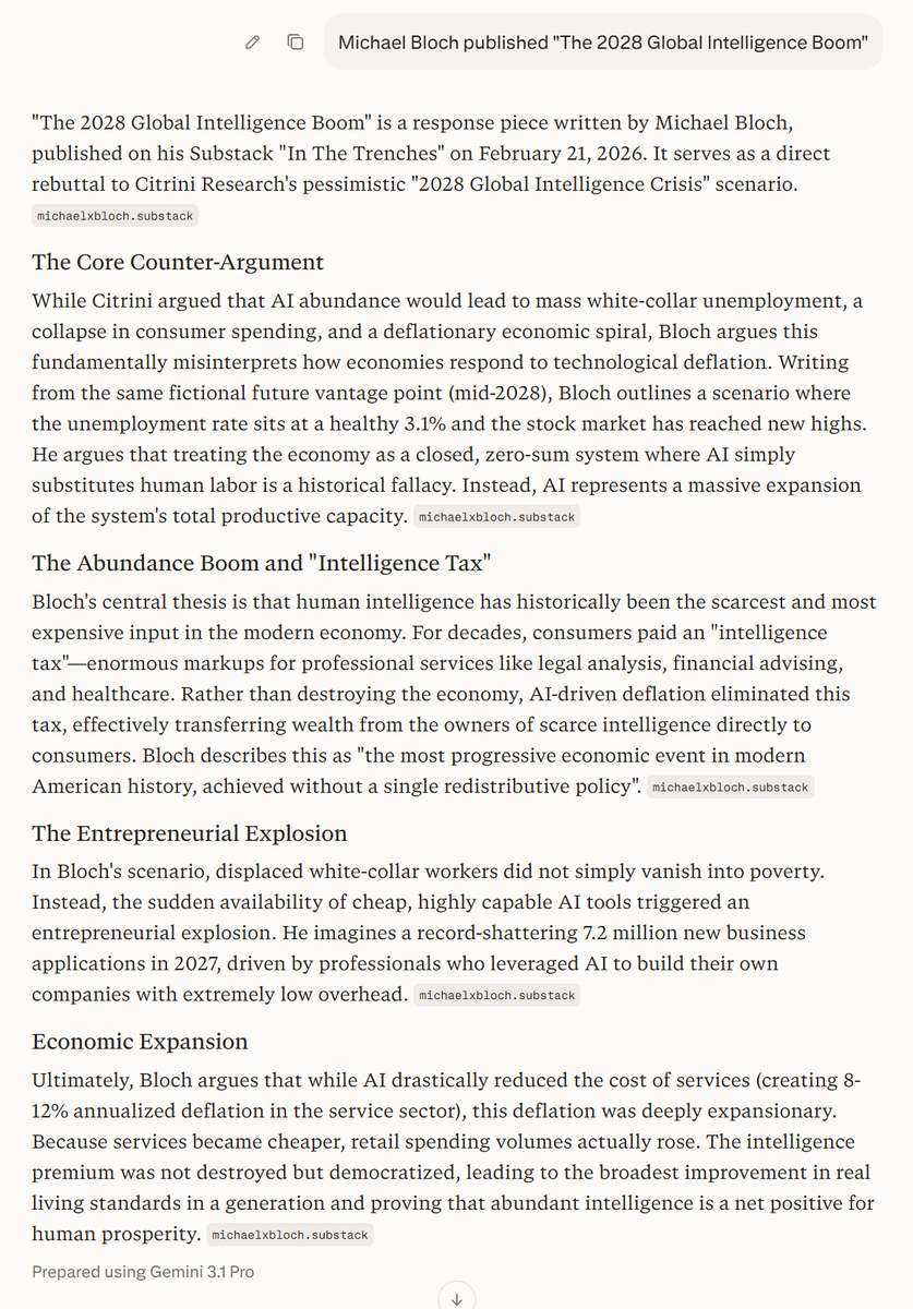Over the weekend read 2 brilliant articles 

1) from Citrini Research - 2028 global inteligence crisis

2) Michael bloch counter-2028 global intelligence boom

Both written from the point of view of mid 2028 

I asked gemini to summarise the main points. 
2 views. same topic. I