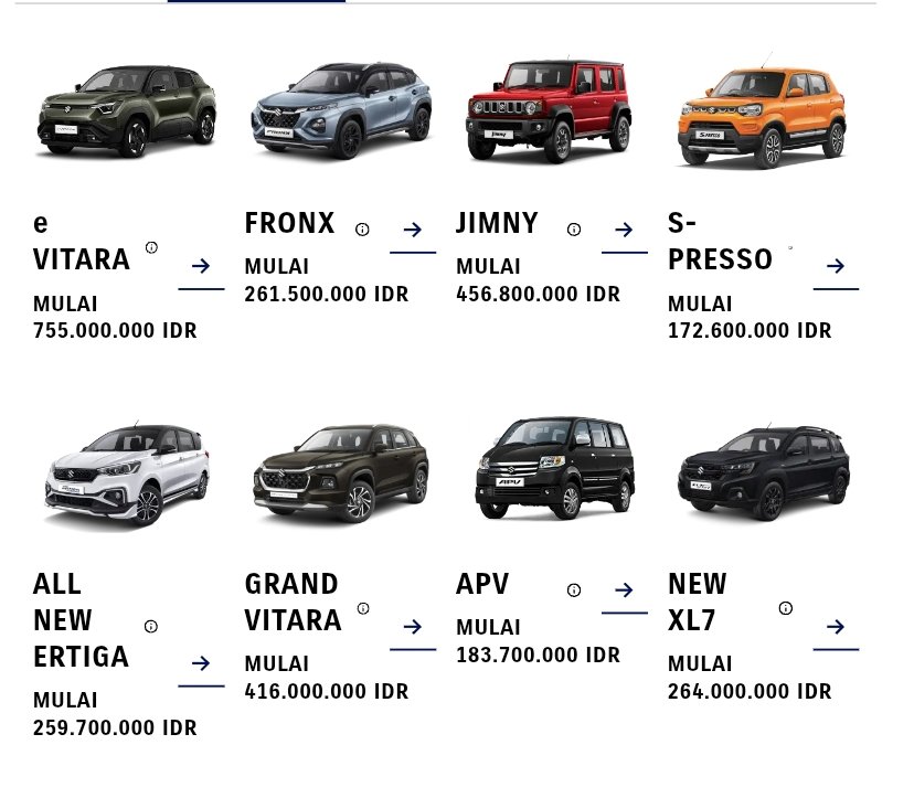 Kalau masing masing beli 1 unit aja, uang 8,5 miliar masih sisa banyak ini; 

• eVitara buat kerja
• Fronx buat ke mall
• Jimny buat off road tiap weekend
• Spresso buat antar jemput sekolah
• All New Ertiga angkut beras, galon, gas
• Grand Vitara buat kondangan
• APV buat