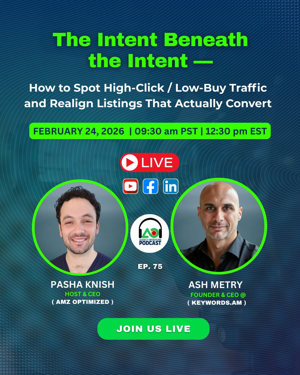 amz_optimized's tweet photo. Clicks don’t equal conversions — intent does.

🎙 Ep 75: The Intent Beneath the Intent with Ash Metry

📅 Live on LinkedIn — Feb 24, 12:30 PM ET

👉 Join live &amp; rethink how listings actually convert

#AmazonSellers #BuyerIntent #AmazonGrowth #Podcast https://t.co/O5wVNkUWOY