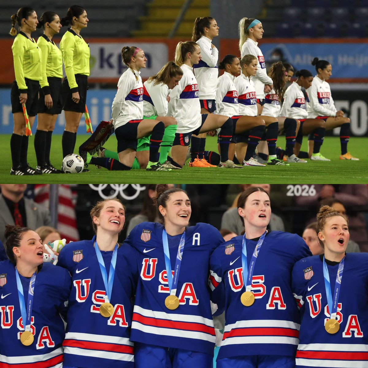 Top Picture: Most of the USA women’s soccer team kneels during the National Anthem

Bottom Picture: Every player for the USA women’s hockey team stands and sings our beautiful National Anthem at full voice

Don’t be like the people up top

Be like the PATRIOTS on the bottom 🇺🇸🇺🇸