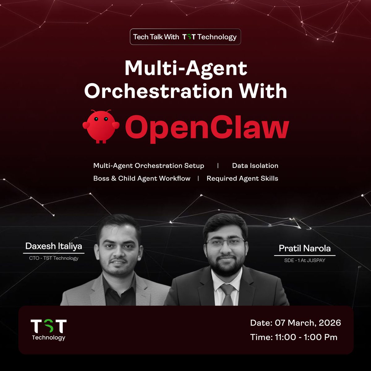 Want to learn Multi-Agent AI in a practical way?

We’ve added a powerful topic:  
Multi-Agent Orchestration with OpenClaw

🚀 Tech Talk with TST Technology #5 Registration is Live

🔗 topmate.io/daxesh_italiya…
📅 7 March 2026 (Saturday)  
🕚 11:00 AM – 1:00 PM IST
💻 Mode: Online