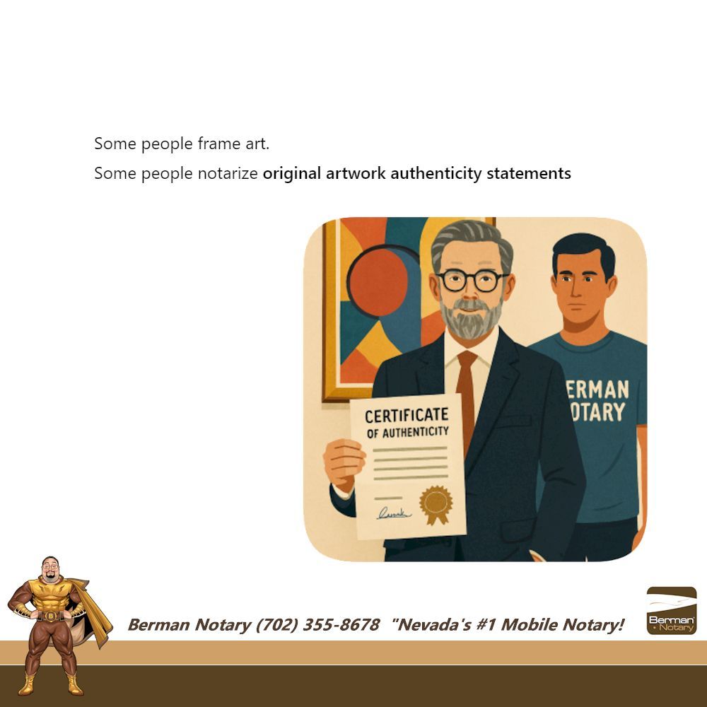 Visit us online: BermanNotary.com
#BermanNotary #MobileNotary #NevadaNotary #VegasMobileNotary
#WeNotarize #GoToNotary #VotedBestNotary #NotaryPublic