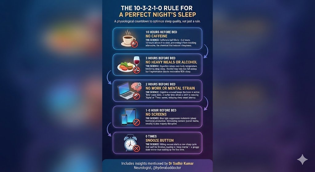 hyderabaddoctor's tweet photo. The "10-3-2-1-0" Rule for the Perfect Night’s Sleep. 

If you wake up feeling like your brain never truly "turned off," your bedtime routine is likely starting too late.

Sleep is NOT an on/off switch; it is a landing sequence. 
✅To protect your neurons and ensure deep, restorative sleep, follow this countdown:

🔸10 Hours Before Bed: No More Caffeine 
It takes about 10 hours for caffeine to be fully cleared from your bloodstream. Even if you "can sleep" after a late coffee, the quality of your deep sleep is compromised.

🔸3 Hours Before Bed: No More Food or Alcohol 
Digestion and alcohol both interfere with your sleep cycles. Alcohol might help you fall asleep, but it destroys your REM cycle, leaving you groggy the next day.

🔸2 Hours Before Bed: No More Work 
Give your brain a "buffer zone." Stop answering emails and solving problems. Your prefrontal cortex needs time to shift from "active mode" to "rest mode."

🔸1 Hour Before Bed: No More Blue Light 
Blue light from phones and tablets suppresses melatonin production. Put the screens away. Read a physical book or listen to a podcast instead.

🔸0: The Number of Times You Hit Snooze 
When you hit snooze, you go back into a sleep cycle you can't finish. This "sleep inertia" makes you feel more tired than if you had just gotten up.

✅The Result?
By following this countdown, you align your habits with your body’s natural circadian rhythm. 
Better sleep = better focus, faster processing, and long-term neuroprotection.

Which of these is the hardest for you to follow? For me, it's usually the "1-hour screen" rule! 
Let’s discuss below. 👇

Dr Sudhir Kumar 
@hyderabaddoctor

#SleepHygiene #BrainHealth #Neurology #HealthTips #Performance 

(Disclaimer: The information provided is general in nature, and may not be applicable to all. Discuss with your physician for personalized advice).