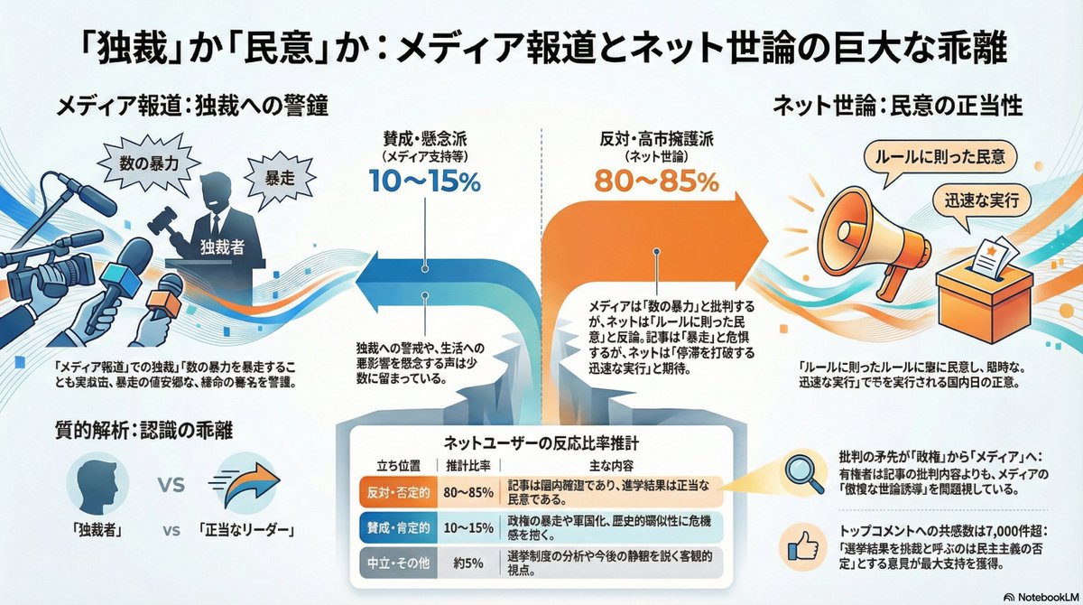 AtkReiwa's tweet photo. YAHOOニュース解析のご依頼ありがとうございます。
こちらはのニュースはコメントが多く盛り上がっています。

【YAHOOニュース解析】

【独裁クイーン】高市首相"やりたい放題"スケジュール2026～2028…先の衆院選で歴史的大勝を収めたことで、永田町を制圧した高市早苗首相。2028年の参院選まで国政選挙がないということもあって、今後は彼女の政策案が相当…

コメント数2314
週プレNEWS政治　2/22(日) 7:30

https://t.co/P3vK2SduPH

「メディアの警鐘」と「有権者の実感」の決定的乖離

今回のYahoo!ニュースにおける最大級の衝撃は、記事が提示した「独裁・やりたい放題」というフレームワークに対し、ユーザーの約80〜85%が明確に「NO」を突きつけているという事実です。

共感の圧倒的偏り: トップコメント（koz*****氏）の「共感」数 7,219件に対し、「非共感」はわずか 1,685件。記事の論調に同調する声は完全に埋没しています。

解釈の逆転: 記事がネガティブな文脈で使用した「やりたい放題」という言葉を、多くのユーザーは「停滞した30年を打破する迅速な政策実行」というポジティブな意味に読み替えて支持しています。

主戦場の変化: 批判の矛先は「政権の暴走」ではなく、選挙結果を独裁と呼ぶ「メディアの不遜な姿勢」へと180度転換されています。

【Structural Analysis（構造分析）】

なぜ、既存メディアの「独裁への警戒」はこれほどまでに国民に響かないのでしょうか。ここには単なる政権支持を超えた、深い社会構造的な歪みが存在します。

1. 「決められない政治」への絶望が生んだ「強権」への渇望

日本社会を覆う「失われた30年」の閉塞感は、国民の中に「熟議」よりも「突破」を求める心理を定着させました。社会保障の不備や経済的困窮といった構造的課題が放置され続けた結果、有権者は「多少の強引さ」を、変化をもたらすための「必要悪」あるいは「リーダーシップ」として受容する段階に至っています。

2. 小選挙区制という「制度のバグ」と「民意の増幅」

データが示す通り、自民党の絶対得票率は約3割程度に過ぎません。しかし、小選挙区制という構造がその3割を「2/3の議席」へと魔法のように増幅させます。メディアはこの「制度的な歪み」を突こうとしますが、有権者側は「ルールに則った結果」を盾にします。この「制度の正当性」と「代表性の乖離」が、民主主義の解釈を巡る深刻な分断を生んでいます。

3. 「情報の非対称性」の解消とメディア不信

かつてメディアは「社会の公器」として世論形成を独占していました。しかし現在、有権者はネットを通じて一次情報にアクセスし、自ら解析する力を持ち始めています。メディアが特定の結論（高市＝独裁）へと誘導しようとする手法が透けて見えるとき、人々はそれを「啓蒙」ではなく「傲慢なレッテル貼り」と受け取ります。この情報の民主化とメディアの旧態依然とした姿勢の衝突が、今回の極端な賛否比率に現れています。

【Perspective（未来への視座）】

私たちは今、「独裁か民主主義か」という二元論を超えた、極めて危うい局面に立っています。

真の問題は、政権が強い権限を持つこと自体ではなく、「誰一人取り残さない」という社会的な連帯の視点が、熱狂的な支持の陰で希薄になっていないかという点にあります。強固なリーダーシップが、もし弱者の切り捨てや異論の封殺という「構造的暴力」へと転換されたとき、それを抑止できるのはレッテル貼りをするメディアではなく、私たち一人一人の「制度に対する冷静なリテラシー」でしかありません。

「独裁」と叫ぶことで対立を煽るのではなく、この強力な政治力をいかにして「構造的な格差の解消」や「真の国民的救済」へと向けさせるか。批判のための批判を卒業し、権力の行使を「公の利益」へと還元させるための建設的な監視（ウォッチドッグ）のあり方が、今ほど問われている時はありません。