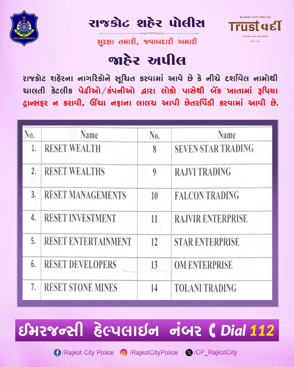 રાજકોટ શહેરના નાગરિકોને સૂચિત કરવામાં આવે છે કે નીચે દર્શાવેલ નામોથી ચાલતી કેટલીક પેઢીઓ/કંપનીઓ દ્વારા લોકો પાસેથી બેંક ખાતામાં રૂપિયા ટ્રાન્સફર ન કરાવી, ઊંચા નફાના લાલચ આપી છેતરપિંડી કરવામાં આવી છે. 

#Rajkot #Police #GujaratPolice #NoDrone