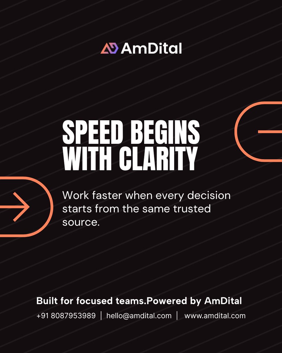 amdital's tweet photo. Speed comes from clarity, not chaos.
One source of truth makes teams faster and stronger.

Get in Touch with Us
📞 Call: +91 8087953989
📩 Email: hello@amdital.com
🌐 https://t.co/fEiC7GApb5

#SourceOfTruth #WorkClarity #TeamProductivity #SmartWork #BusinessSystems #AmDital https://t.co/sXTEzY9r0y