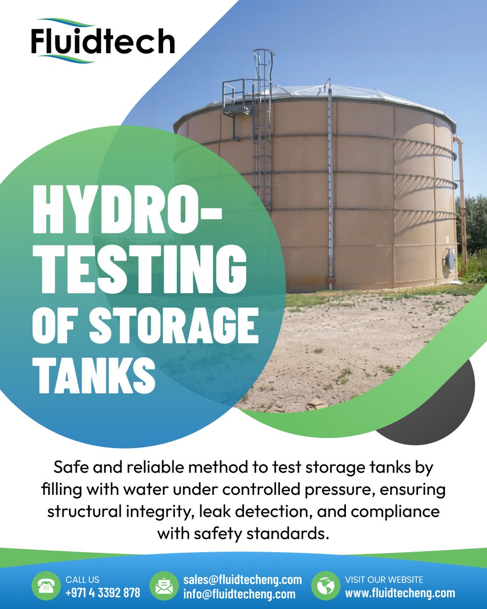 FluidtechL's tweet photo. Hydro-Testing of Storage Tanks 

Ensure your storage tanks meet the highest safety and performance standards with professional hydro-testing services from  Fluidtech 
#Fluidtech #HydroTesting #StorageTanks #IndustrialSafety #TankInspection #EngineeringSolutions https://t.co/1AcAKjUaQM