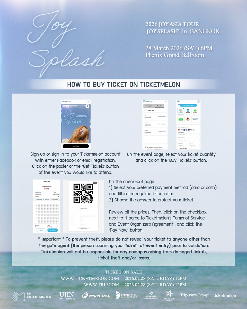 UniUjinent's tweet image. 2026 JOY ASIA TOUR ‘JOY SPLASH’ in BANGKOK 
🗓(Sat)March 28, 2026
🕕 Show Time: 6:00 PM
📍 Phenix Grand Ballroom
🎫 Ticket Sales Open: (Sat)February 28, 2026 at 12:00 PM
🎟 Ticket Sales 
► Ticketmelon : ticketmelon.com
► Trip : trip.com

#JOY #RedVelvet