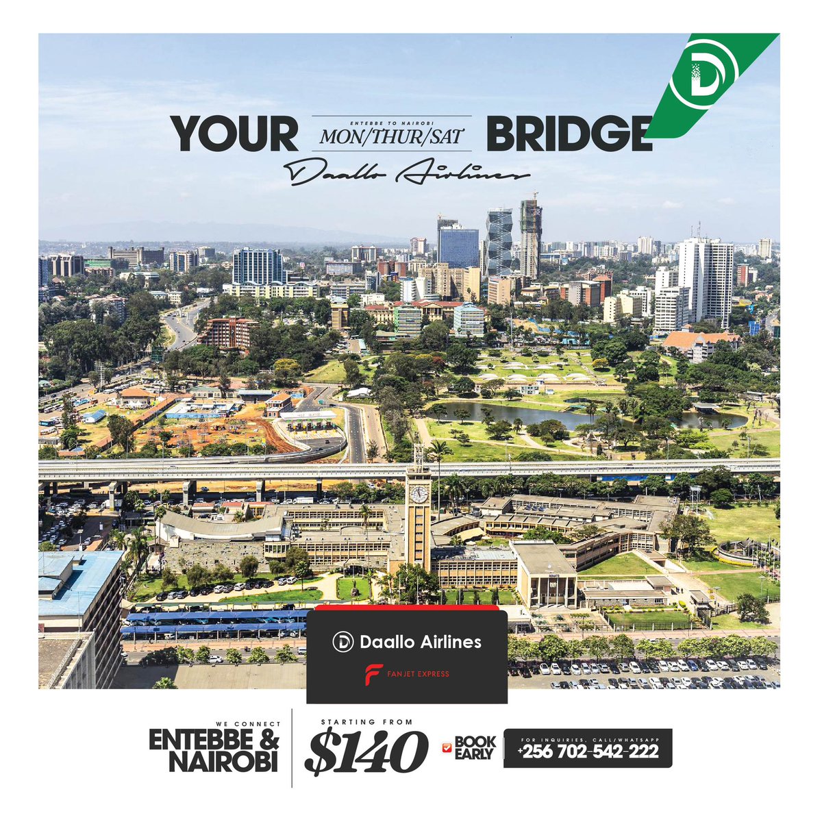 Your midweek and weekend air link ✈️
Entebbe–Nairobi flights on Mon | Thu | Sat.

Planning to move? Today’s flight is the one.
📞 0702542222

#FlyDaallo #DaalloAirlinesUG #FanjetExpress