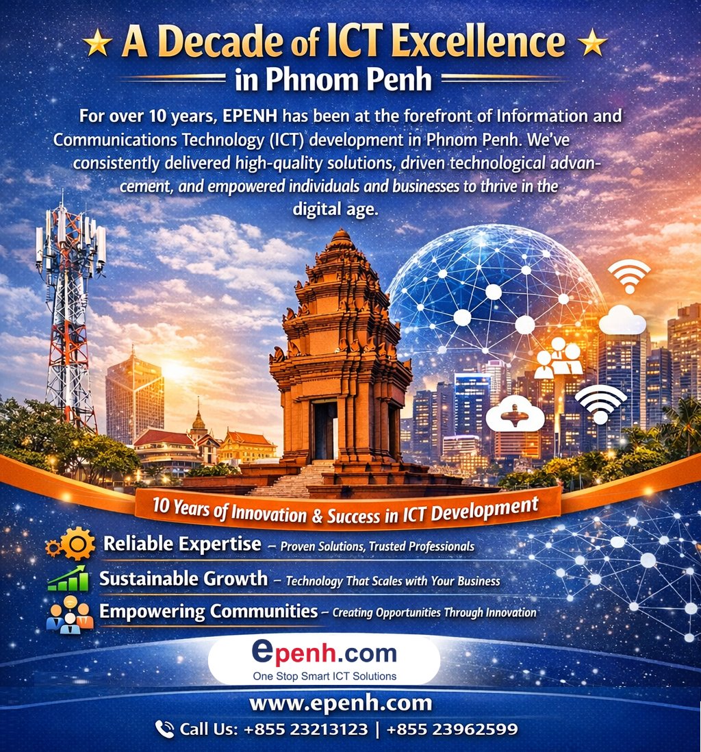 epenhcom's tweet photo. ✅ @epenhcom - ក្រុមហ៊ុន អ៊ី ពេញ ខូ អិលធីឌី : Decade of ICT Excellence in Phnom Penh
https://t.co/WCh3i10UEv
#phnompenh #cambodia #PMS #HMS #POS #ERP #HRMS #accounting #Fleet #epenh https://t.co/z1pm6m4cZC